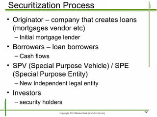 Securitization Process Originator – company that creates loans (mortgages vendor etc) Initial mortgage lender Borrowers – loan borrowers Cash flows SPV (Special Purpose Vehicle) / SPE (Special Purpose Entity) New Independent legal entity  Investors security holders 
