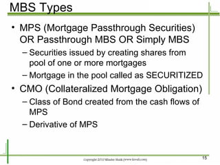 MBS Types MPS (Mortgage Passthrough Securities) OR Passthrough MBS OR Simply MBS Securities issued by creating shares from pool of one or more mortgages Mortgage in the pool called as SECURITIZED CMO (Collateralized Mortgage Obligation) Class of Bond created from the cash flows of MPS Derivative of MPS 
