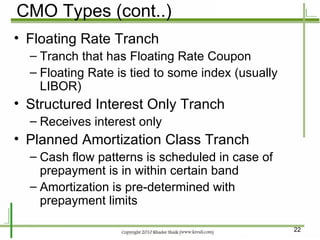 CMO Types (cont..) Floating Rate Tranch Tranch that has Floating Rate Coupon Floating Rate is tied to some index (usually LIBOR) Structured Interest Only Tranch Receives interest only Planned Amortization Class Tranch Cash flow patterns is scheduled in case of prepayment is in within certain band Amortization is pre-determined with prepayment limits 
