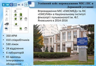 • 350 АРМ
• 410 співробітників
• 530 ліжок
• 24 відділення
• 6 лабораторій
• 65 одиниць
інтегрованого
обладнання
Успішний кейс впровадежння МІС/ЛІС в
Державній установі
Впровадження МІС «ЕМСІМЕД» та ЛІС
«ЕМСІЛАБ» в Національному інституті
фтизіатрії і пульмонології ім. Ф.Г.
Яновського в 2014-2016
 