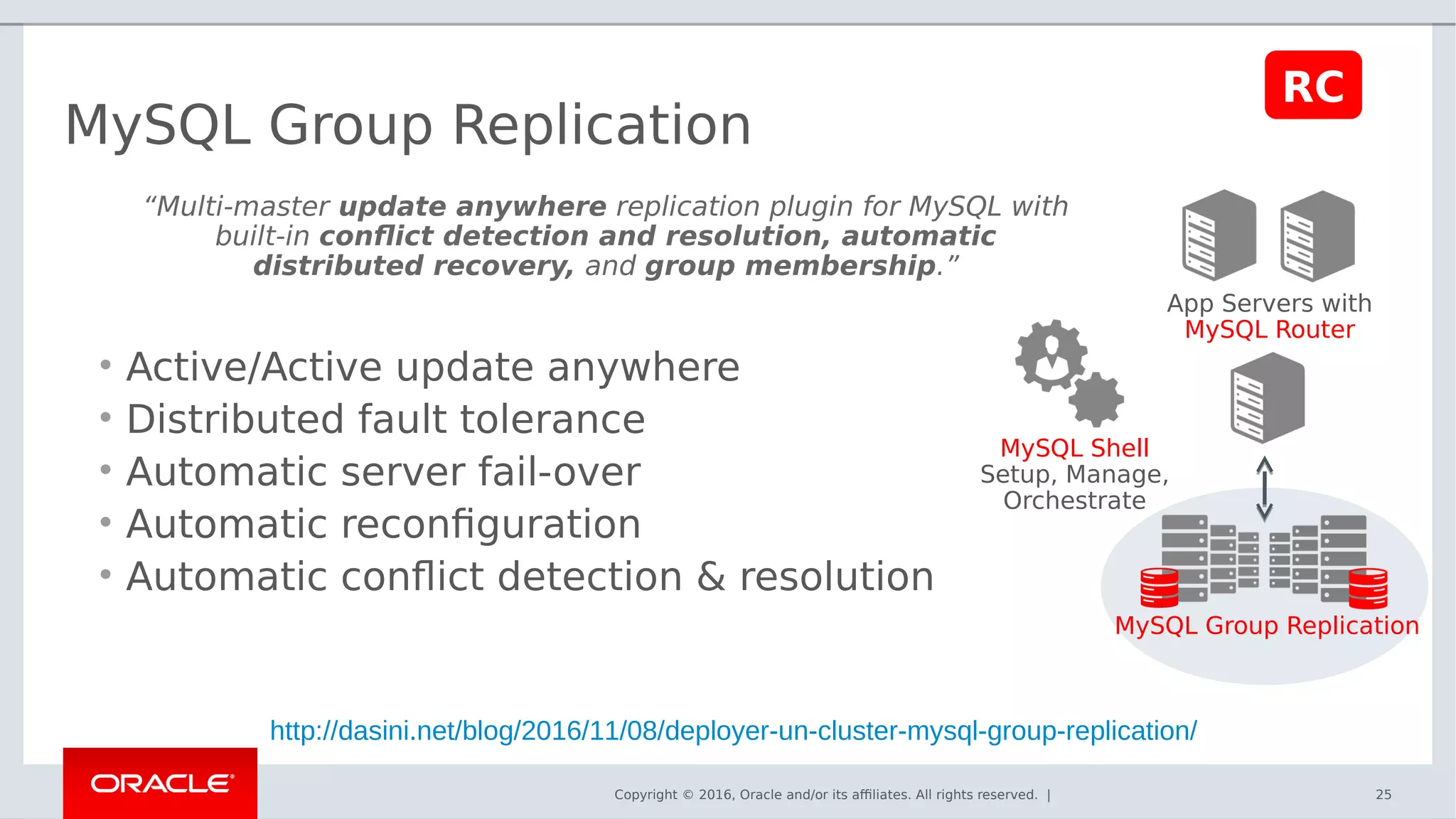 Copyright © 2016, Oracle and/or its affiliates. All rights reserved. |
MySQL Group Replication
“Multi-master update anywhere replication plugin for MySQL with
built-in conflict detection and resolution, automatic
distributed recovery, and group membership.”
• Active/Active update anywhere
• Distributed fault tolerance
• Automatic server fail-over
• Automatic reconfiguration
• Automatic conflict detection & resolution
25
App Servers with
MySQL Router
MySQL Group Replication
MySQL Shell
Setup, Manage,
Orchestrate
RC
http://dasini.net/blog/2016/11/08/deployer-un-cluster-mysql-group-replication/
 