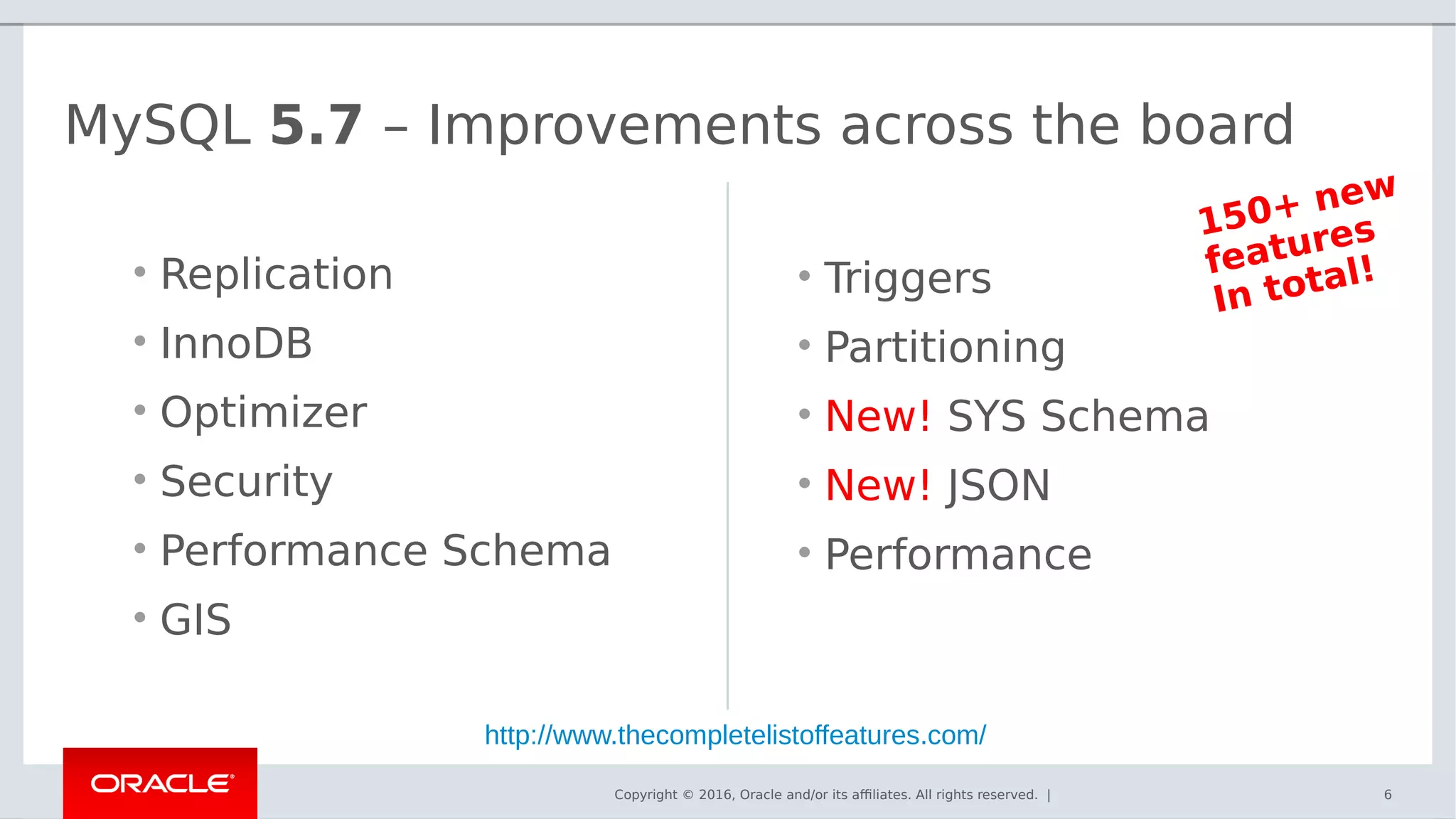 Copyright © 2016, Oracle and/or its affiliates. All rights reserved. |
MySQL 5.7 – Improvements across the board
• Replication
• InnoDB
• Optimizer
• Security
• Performance Schema
• GIS
• Triggers
• Partitioning
• New! SYS Schema
• New! JSON
• Performance
6
150+ new
features
In total!
http://www.thecompletelistoffeatures.com/
 