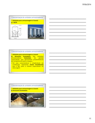 19/06/2014
11
Caracterização de unidades armazenadoras
• Unidades para armazenagem à Granel:
a) SILOS:
Caracterização de unidades armazenadoras
• Unidades para armazenagem à Granel:
b) Armazéns Graneleiros: São unidades
armazenadoras horizontais, de grande
capacidade, que apresentam predominância
do comprimento sobre a largura;
• Por suas características e simplicidade de
construção, representa menor investimento
que o Silo, para a mesma capacidade de
estocagem.
Caracterização de unidades armazenadoras
• Unidades para armazenagem à Granel:
b) Armazéns Graneleiros:
 