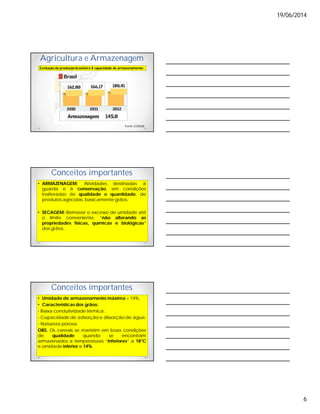 19/06/2014
6
Agricultura e Armazenagem
Fonte: CONAB
Evolução da produção brasileira X capacidade de armazenamento.
Conceitos importantes
• ARMAZENAGEM: Atividades destinadas à
guarda e à conservação, em condições
inalteradas de qualidade e quantidade, de
produtos agrícolas, basicamente grãos.
• SECAGEM: Remover o excesso de umidade até
o limite conveniente, “não alterando as
propriedades físicas, químicas e biológicas”
dos grãos.
Conceitos importantes
• Umidade de armazenamento máxima = 14%.
• Características dos grãos:
- Baixa condutividade térmica;
- Capacidade de adsorção e dissorção de água;
- Natureza porosa.
OBS. Os cereais se mantêm em boas condições
de qualidade quando se encontram
armazenados a temperaturas “inferiores” a 18°C
e umidade inferior a 14%.
 