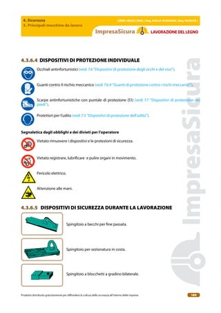 4. Sicurezza
3. Principali macchine da lavoro
| EBER | EBAM | INAIL | Reg. EMILIA RoMAgNA | Reg. MARchE |
Prodotto distribuito gratuitamente per difondere la cultura della sicurezza all’interno delle imprese. 180
LAVoRAZIoNEDELLEgNo
4.3.6.4 DISPOSITIVI DI PROTEZIONE INDIVIDUALE
Occhiali antinfortunistici (vedi 7.4 “Dispositivi di protezione degli occhi e del viso”).
Guanti contro il rischio meccanico (vedi 7.6.4 “Guanti di protezione contro i rischi meccanici”).
Scarpe antinfortunistiche con puntale di protezione (S1) (vedi 7.7 “Dispositivi di protezione dei
piedi”).
Protettori per l’udito (vedi 7.3 “Dispositivi di protezione dell’udito”).
Segnaletica degli obblighi e dei divieti per l’operatore
Vietato rimuovere i dispositivi e le protezioni di sicurezza.
Vietato registrare, lubriicare e pulire organi in movimento.
Pericolo elettrico.
Attenzione alle mani.
4.3.6.5 DISPOSITIVI DI SICUREZZA DURANTE LA LAVORAZIONE
Spingitoio a becchi per ine passata.
Spingitoio per sezionatura in costa.
Spingitoio a blocchetti a gradino bilaterale.
 