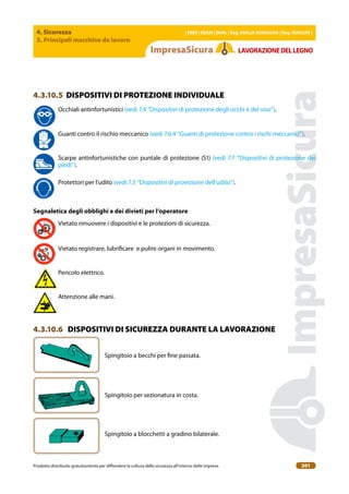 4. Sicurezza
3. Principali macchine da lavoro
| EBER | EBAM | INAIL | Reg. EMILIA RoMAgNA | Reg. MARchE |
Prodotto distribuito gratuitamente per difondere la cultura della sicurezza all’interno delle imprese. 201
LAVoRAZIoNEDELLEgNo
4.3.10.5 DISPOSITIVI DI PROTEZIONE INDIVIDUALE
Occhiali antinfortunistici (vedi 7.4 “Dispositivi di protezione degli occhi e del viso”).
Guanti contro il rischio meccanico (vedi 7.6.4 “Guanti di protezione contro i rischi meccanici”).
Scarpe antinfortunistiche con puntale di protezione (S1) (vedi 7.7 “Dispositivi di protezione dei
piedi”).
Protettori per l’udito (vedi 7.3 “Dispositivi di protezione dell’udito”).
Segnaletica degli obblighi e dei divieti per l’operatore
Vietato rimuovere i dispositivi e le protezioni di sicurezza.
Vietato registrare, lubriicare e pulire organi in movimento.
Pericolo elettrico.
Attenzione alle mani.
4.3.10.6 DISPOSITIVI DI SICUREZZA DURANTE LA LAVORAZIONE
Spingitoio a becchi per ine passata.
Spingitoio per sezionatura in costa.
Spingitoio a blocchetti a gradino bilaterale.
 