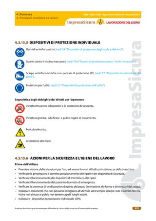 4. Sicurezza
3. Principali macchine da lavoro
| EBER | EBAM | INAIL | Reg. EMILIA RoMAgNA | Reg. MARchE |
Prodotto distribuito gratuitamente per difondere la cultura della sicurezza all’interno delle imprese. 212
LAVoRAZIoNEDELLEgNo
4.3.13.5 DISPOSITIVI DI PROTEZIONE INDIVIDUALE
Occhiali antinfortunistici (vedi 7.4 “Dispositivi di protezione degli occhi e del viso”).
Guanti contro il rischio meccanico (vedi 7.6.4 “Guanti di protezione contro i rischi meccanici”).
Scarpe antinfortunistiche con puntale di protezione (S1) (vedi 7.7 “Dispositivi di protezione dei
piedi”).
Protettori per l’udito (vedi 7.3 “Dispositivi di protezione dell’udito”).
Segnaletica degli obblighi e dei divieti per l’operatore
Vietato rimuovere i dispositivi e le protezioni di sicurezza.
Vietato registrare, lubriicare e pulire organi in movimento.
Pericolo elettrico.
Attenzione alle mani.
4.3.13.6 AZIONI PER LA SICUREZZA E L’IGIENE DEL LAVORO
Prima dell’utilizzo
• Prendere visione delle istruzioni per l’uso ed essere formati all’utilizzo in sicurezza della macchina.
• Veriicare la presenza ed il corretto posizionamento dei ripari e dei dispositivi di sicurezza.
• Veriicare il funzionamento dei dispositivi di interblocco dei ripari.
• Veriicare il funzionamento del pulsante di arresto di emergenza.
• Veriicare la presenza di un dispositivo di spinta del pezzo (in relazione alla forma e dimensioni del pezzo).
• Indossare indumenti che non possano impigliarsi all’utensile (ad esempio sciarpe, tute o camici con ma-
niche non chiuse ai polsi); non tenere capelli lunghi sciolti.
• Indossare i dispositivi di protezione individuale (DPI).
 