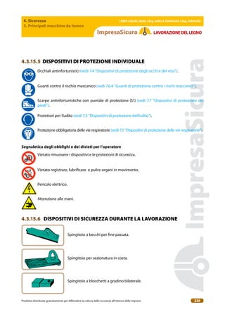 4. Sicurezza
3. Principali macchine da lavoro
| EBER | EBAM | INAIL | Reg. EMILIA RoMAgNA | Reg. MARchE |
Prodotto distribuito gratuitamente per difondere la cultura della sicurezza all’interno delle imprese. 220
LAVoRAZIoNEDELLEgNo
4.3.15.5 DISPOSITIVI DI PROTEZIONE INDIVIDUALE
Occhiali antinfortunistici (vedi 7.4 “Dispositivi di protezione degli occhi e del viso”).
Guanti contro il rischio meccanico (vedi 7.6.4 “Guanti di protezione contro i rischi meccanici”).
Scarpe antinfortunistiche con puntale di protezione (S1) (vedi 7.7 “Dispositivi di protezione dei
piedi”).
Protettori per l’udito (vedi 7.3 “Dispositivi di protezione dell’udito”).
Protezione obbligatoria delle vie respiratorie (vedi 7.5 “Dispositivi di protezione delle vie respiratorie”).
Segnaletica degli obblighi e dei divieti per l’operatore
Vietato rimuovere i dispositivi e le protezioni di sicurezza.
Vietato registrare, lubriicare e pulire organi in movimento.
Pericolo elettrico.
Attenzione alle mani.
4.3.15.6 DISPOSITIVI DI SICUREZZA DURANTE LA LAVORAZIONE
Spingitoio a becchi per ine passata.
Spingitoio per sezionatura in costa.
Spingitoio a blocchetti a gradino bilaterale.
 