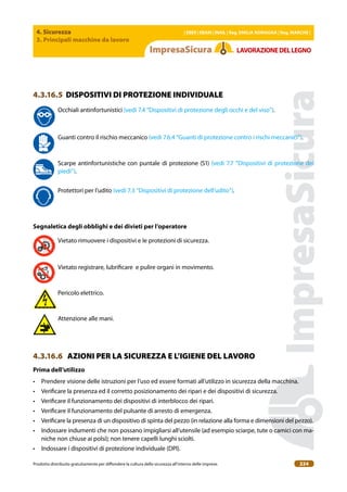 4. Sicurezza
3. Principali macchine da lavoro
| EBER | EBAM | INAIL | Reg. EMILIA RoMAgNA | Reg. MARchE |
Prodotto distribuito gratuitamente per difondere la cultura della sicurezza all’interno delle imprese. 224
LAVoRAZIoNEDELLEgNo
4.3.16.5 DISPOSITIVI DI PROTEZIONE INDIVIDUALE
Occhiali antinfortunistici (vedi 7.4 “Dispositivi di protezione degli occhi e del viso”).
Guanti contro il rischio meccanico (vedi 7.6.4 “Guanti di protezione contro i rischi meccanici”).
Scarpe antinfortunistiche con puntale di protezione (S1) (vedi 7.7 “Dispositivi di protezione dei
piedi”).
Protettori per l’udito (vedi 7.3 “Dispositivi di protezione dell’udito”).
Segnaletica degli obblighi e dei divieti per l’operatore
Vietato rimuovere i dispositivi e le protezioni di sicurezza.
Vietato registrare, lubriicare e pulire organi in movimento.
Pericolo elettrico.
Attenzione alle mani.
4.3.16.6 AZIONI PER LA SICUREZZA E L’IGIENE DEL LAVORO
Prima dell’utilizzo
• Prendere visione delle istruzioni per l’uso ed essere formati all’utilizzo in sicurezza della macchina.
• Veriicare la presenza ed il corretto posizionamento dei ripari e dei dispositivi di sicurezza.
• Veriicare il funzionamento dei dispositivi di interblocco dei ripari.
• Veriicare il funzionamento del pulsante di arresto di emergenza.
• Veriicare la presenza di un dispositivo di spinta del pezzo (in relazione alla forma e dimensioni del pezzo).
• Indossare indumenti che non possano impigliarsi all’utensile (ad esempio sciarpe, tute o camici con ma-
niche non chiuse ai polsi); non tenere capelli lunghi sciolti.
• Indossare i dispositivi di protezione individuale (DPI).
 