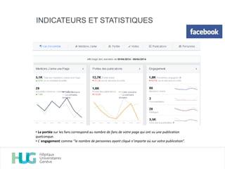 INDICATEURS ET STATISTIQUES
• La portée sur les fans correspond au nombre de fans de votre page qui ont vu une publication
quelconque.
• L’ engagement comme “le nombre de personnes ayant cliqué n’importe où sur votre publication”.
 