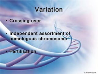 Variation
• Crossing over

• Independent assortment of
  homologous chromosome

• Fertilisation



                              ALBIO9700/2006JK
 