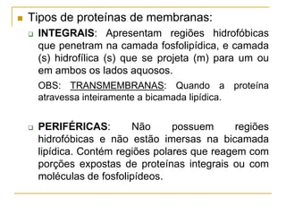  Tipos de proteínas de membranas:
 INTEGRAIS: Apresentam regiões hidrofóbicas
que penetram na camada fosfolipídica, e camada
(s) hidrofílica (s) que se projeta (m) para um ou
em ambos os lados aquosos.
OBS: TRANSMEMBRANAS: Quando a proteína
atravessa inteiramente a bicamada lipídica.
 PERIFÉRICAS: Não possuem regiões
hidrofóbicas e não estão imersas na bicamada
lipídica. Contém regiões polares que reagem com
porções expostas de proteínas integrais ou com
moléculas de fosfolipídeos.
 