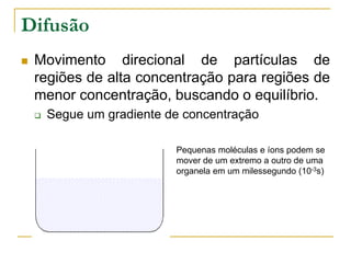  Movimento direcional de partículas de
regiões de alta concentração para regiões de
menor concentração, buscando o equilíbrio.
 Segue um gradiente de concentração
Difusão
Pequenas moléculas e íons podem se
mover de um extremo a outro de uma
organela em um milessegundo (10-3s)
 