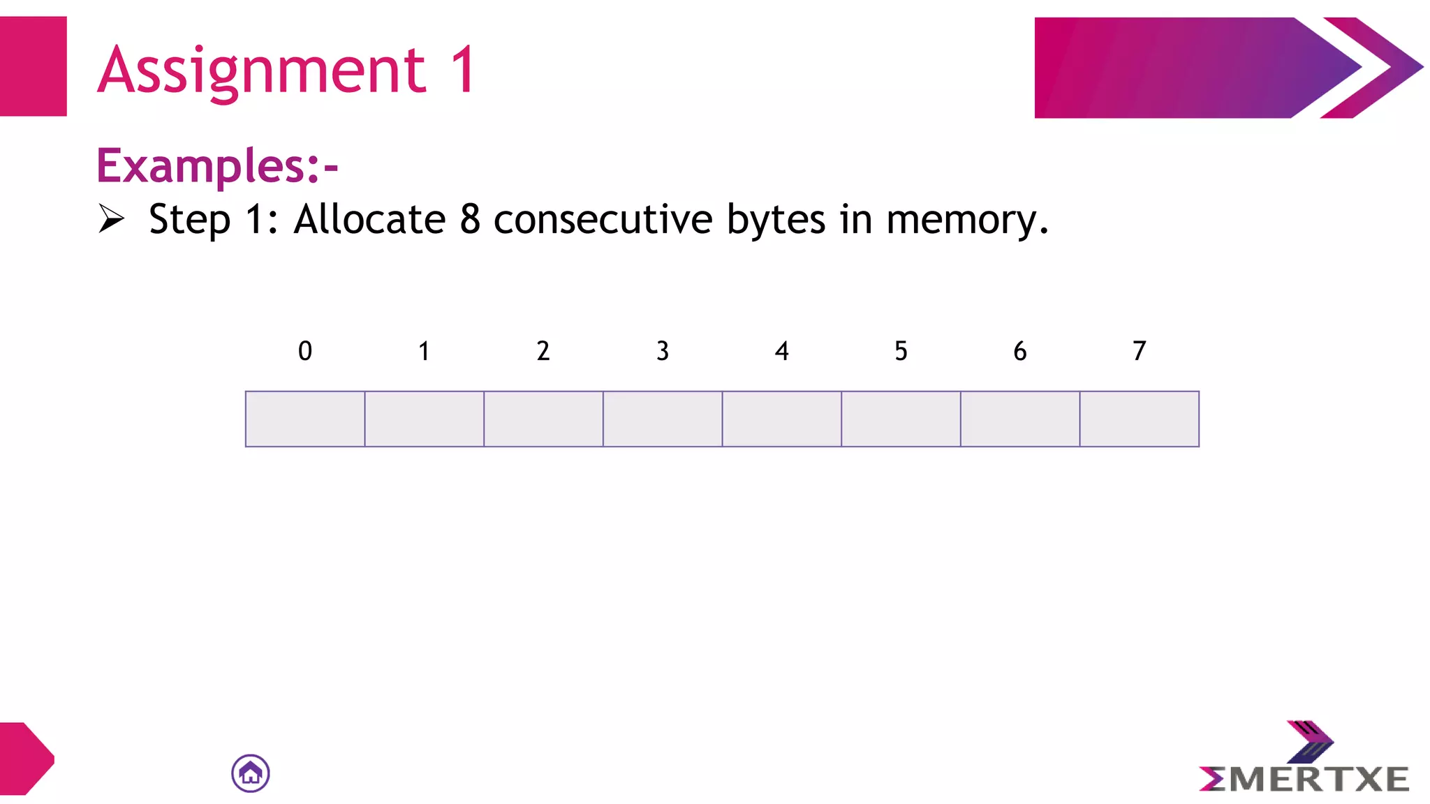 Examples:-
 Step 1: Allocate 8 consecutive bytes in memory.
Assignment 1
0 1 2 3 4 5 6 7
 