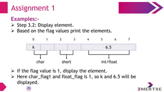 Examples:-
 Step 3.2: Display element.
 Based on the flag values print the elements.
 If the flag value is 1, display the element.
 Here char_flag1 and float_flag is 1, so k and 6.5 will be
displayed.
Assignment 1
k 6.5
0 1 2 3 4 5 6 7
char short int/float
 