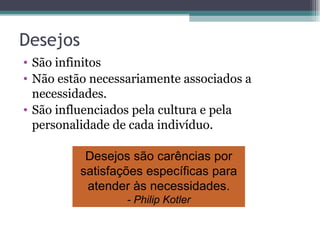 Desejos São infinitos Não estão necessariamente associados a necessidades. São influenciados pela cultura e pela personalidade de cada indivíduo. Desejos são carências por satisfações específicas para atender às necessidades. - Philip Kotler 