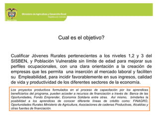 Cual es el objetivo? Cualificar Jóvenes Rurales pertenecientes a los niveles 1,2 y 3 del SISBEN, y Población Vulnerable sin límite de edad para mejorar sus perfiles ocupacionales, con una clara orientación a la creación de empresas que les permita  una inserción al mercado laboral y faciliten su  Empleabilidad, para incidir favorablemente en sus ingresos, calidad de vida y productividad de los diferentes sectores de la economía. Los proyectos productivos formulados en el proceso de capacitación por los aprendices beneficiarios del programa, pueden acceder a recursos de financiación a través de: Banca de las Oportunidades, Fondo Emprender, Economía Solidaria entre otras.  Así mismo,  brindarles la posibilidad a los aprendices de conocer diferente líneas de crédito como: FINAGRO, Oportunidades Rurales Ministerio de Agricultura, Asociaciones de cadenas Productivas, Alcaldías y otras fuentes de financiación. 