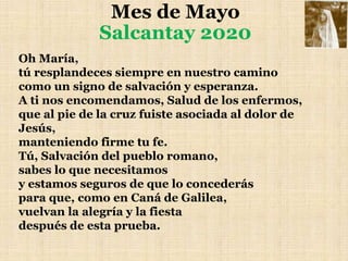 Mes de Mayo
Salcantay 2020
Oh María,
tú resplandeces siempre en nuestro camino
como un signo de salvación y esperanza.
A ti nos encomendamos, Salud de los enfermos,
que al pie de la cruz fuiste asociada al dolor de
Jesús,
manteniendo firme tu fe.
Tú, Salvación del pueblo romano,
sabes lo que necesitamos
y estamos seguros de que lo concederás
para que, como en Caná de Galilea,
vuelvan la alegría y la fiesta
después de esta prueba.
 