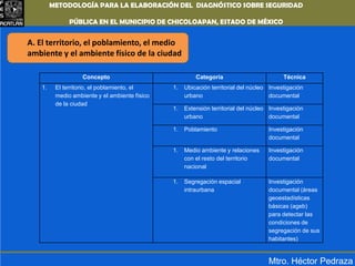 METODOLOGÍA PARA LA ELABORACIÓN DEL DIAGNÓSTICO SOBRE SEGURIDAD PÚBLICA EN EL MUNICIPIO DE CHICOLOAPAN,ESTADO DE MÉXICOA. El territorio, el poblamiento, el medio ambiente y el ambiente físico de la ciudadMtro. Héctor Pedraza