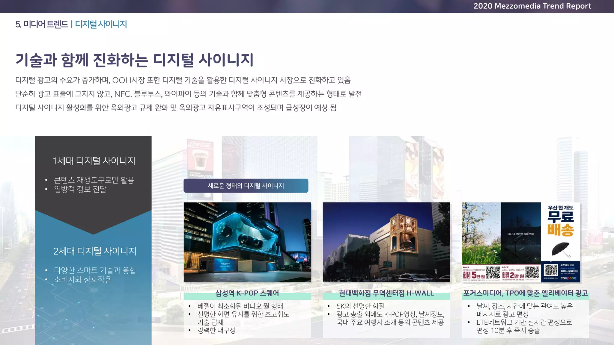2020 Mezzomedia Trend Report
5. 미디어트렌드ㅣ디지털사이니지
기술과 함께 진화하는 디지털 사이니지
2세대 디지털 사이니지
• 다양한 스마트 기술과 융합
• 소비자와 상호작용
• 베젤이 최소화된 비디오 월 형태
• 선명한 화면 유지를 위한 초고휘도
기술 탑재
• 강력한 내구성
삼성역 K-POP 스퀘어
1세대 디지털 사이니지
• 콘텐츠 재생도구로만 활용
• 일방적 정보 전달
현대백화점 무역센터점 H-WALL 포커스미디어, TPO에 맞춘 엘리베이터 광고
• 5K의 선명한 화질
• 광고 송출 외에도 K-POP영상, 날씨정보,
국내 주요 여행지 소개 등의 콘텐츠 제공
• 날씨, 장소, 시간에 맞는 관여도 높은
메시지로 광고 편성
• LTE네트워크 기반 실시간 편성으로
편성 10분 후 즉시 송출
새로운 형태의 디지털 사이니지
 