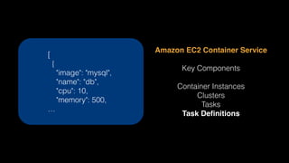 Amazon EC2 Container Service
Key Components
Container Instances
Clusters
Tasks
Task Deﬁnitions
[
{
"image": "mysql",
"name": "db",
"cpu": 10,
"memory": 500,
…
 