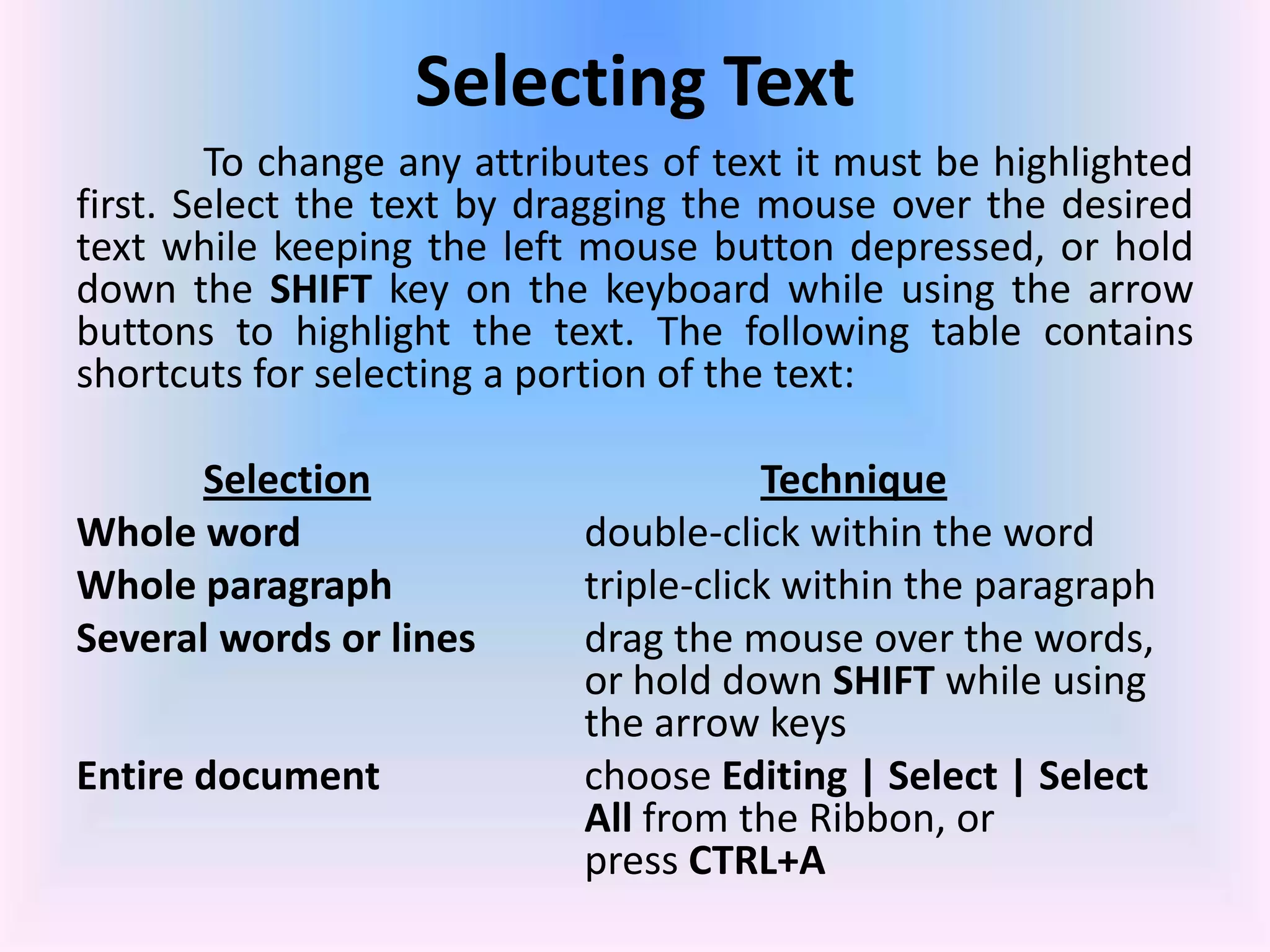Selecting Text
To change any attributes of text it must be highlighted
first. Select the text by dragging the mouse over the desired
text while keeping the left mouse button depressed, or hold
down the SHIFT key on the keyboard while using the arrow
buttons to highlight the text. The following table contains
shortcuts for selecting a portion of the text:
Selection Technique
Whole word double-click within the word
Whole paragraph triple-click within the paragraph
Several words or lines drag the mouse over the words,
or hold down SHIFT while using
the arrow keys
Entire document choose Editing | Select | Select
All from the Ribbon, or
press CTRL+A
 
