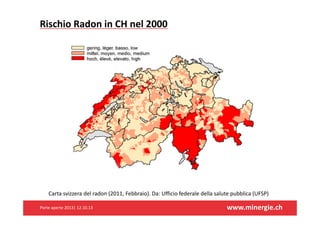 RischioRadoninCHnel2000

Cartasvizzeradelradon(2011,Febbraio).Da:Ufficiofederaledellasalutepubblica(UFSP)
Porteaperte2013|12.10.13

www.minergie.ch

 