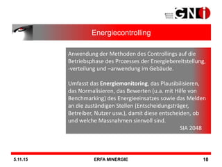 5.11.15 ERFA MINERGIE 10
Anwendung der Methoden des Controllings auf die
Betriebsphase des Prozesses der Energiebereitstel...