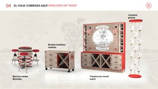 04 EL VIAJE COMIENZA AQUÍVISIBILIDAD ON TRADE
Mueble botellero
maletas
Barrica-ruedas
Bicicleta
Trasera con mural
móvil
Lámpara
globos
 