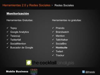 @fmaralvMobile Business
Herramientas 2.0 y Redes Sociales > Redes Sociales
Herramientas Gratuitas:
 Topsy
 Google Analytics
 Twazzup
 Twitterfall
 SocialMention
 Buscador de Google
Herramientas no gratuitas:
 Pirendo
 Brandwatch
 Mention
 TalkWalker
 SocialBro
 Hootsuite
 Twilert
 Trackur
 