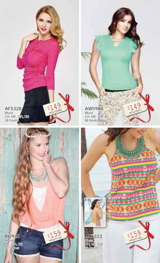 17
AF5328
Blusa
CH, ME, GR, XG
28 Fiusha
$149
PC6710480
BI2942
Blusón
ME, GR, XG
42 Sorbet
$159
PC0111130
AW5988
Blusa
CH, ME, GR, XG
88 Verde Agua
$149
PC2210417
AC6223
Blusa
CH, ME, GR
23 Rosa
$159
PC6511126
 