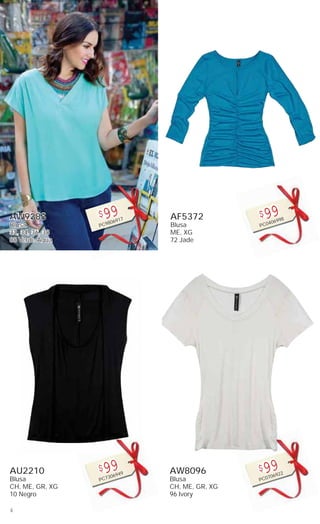 4
AF5372
Blusa
ME, XG
72 Jade
$99
PC0406998
AU2210
Blusa
CH, ME, GR, XG
10 Negro
$99
PC7306949
AW9388
Blusa
32, 34, 36, 38
88 Verde Agua
$99
PC9806917
AW8096
Blusa
CH, ME, GR, XG
96 Ivory
$99
PC0706922
 