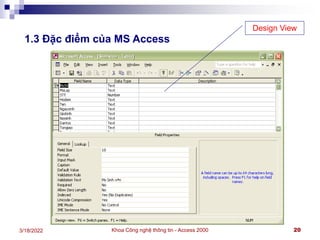 Khoa Công nghệ thông tin - Access 2000 20
3/18/2022
1.3 Đặc điểm của MS Access
Design View
 