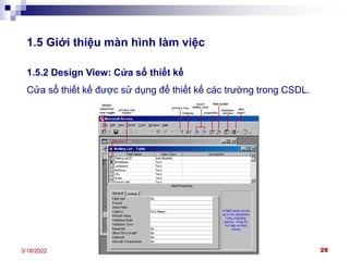 Khoa Công nghệ thông tin - Access 2000 28
3/18/2022
1.5 Giới thiệu màn hình làm việc
1.5.2 Design View: Cửa sổ thiết kế
Cửa sổ thiết kế được sử dụng để thiết kế các trường trong CSDL.
 