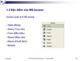 Khoa Công nghệ thông tin - Access 2000 9
3/18/2022
1.3 Đặc điểm của MS Access
Access quản lý 6 đối tượng:
- Table (Bảng)
- Query (Truy vấn)
- Form (Mẫu biểu)
- Report (Báo cáo)
- Macro (Chuỗi lệnh)
- Module
 