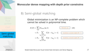 Monocular dense mapping with depth prior constrains
2018/03/22 Model-Aided Monocular Visual-Inertial State Estimation and Dense Mapping 27
B) Semi-global matching
Pixel-wise cost
Smoothness constraints (depth diff = 1)
Smoothness constraints (depth diff > 1)
Global minimization is an NP-complete problem which
cannot be solved in polynomial time.
Global
Pose
update
Cost
aggregation
Semi-global
matching
 