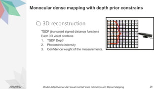 Monocular dense mapping with depth prior constrains
TSDF (truncated signed distance function)
Each 3D voxel contains
1. TSDF Depth
2. Photometric intensity
3. Confidence weight of the measurements.
2018/03/22 Model-Aided Monocular Visual-Inertial State Estimation and Dense Mapping 29
C) 3D reconstruction
 