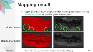 Mapping result
• Depth prior-based (2nd row) has better mapping performance at the
texture-less areas such as the green circular areas.
2018/03/22 Model-Aided Monocular Visual-Inertial State Estimation and Dense Mapping 34
Motion stereo
Depth prior-based
 