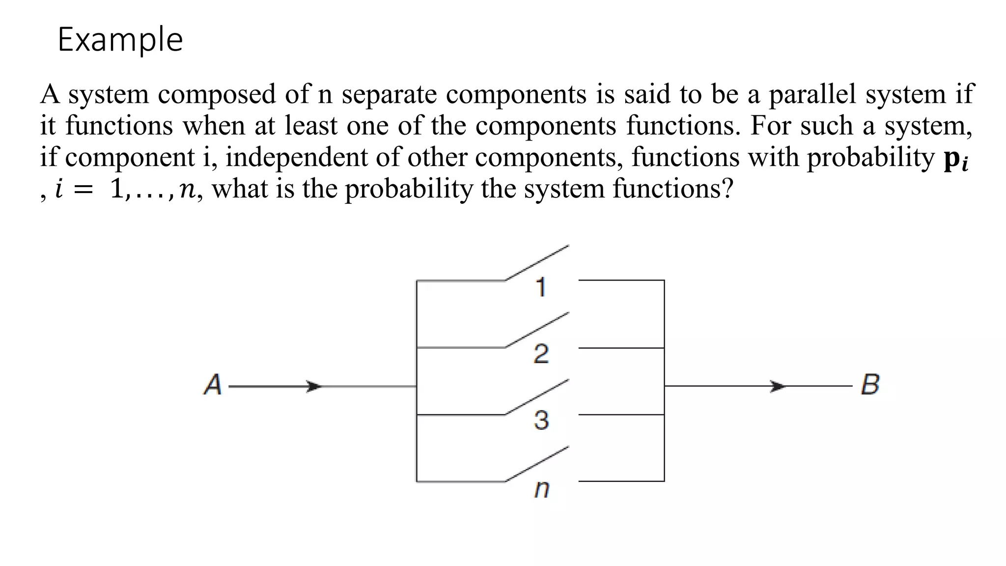 Example
A system composed of n separate components is said to be a parallel system if
it functions when at least one of the components functions. For such a system,
if component i, independent of other components, functions with probability 𝐩𝒊
, 𝑖 = 1, . . . , 𝑛, what is the probability the system functions?
 