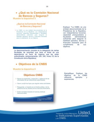 10
 ¿Qué es la Comisión Nacional
de Bancos y Seguros?
Muestre la diapositiva 5
Explique: “La CNBS, es una
entidad desconcentrada de la
Presidencia de la República,
con independencia funcional,
capacidad presupuestaria y
facultades administrativas
suficientes para asegurar la
habilidad operativa, técnica y
financiera necesaria para el
cumplimiento de sus
objetivos.
La desconcentración consiste en la delegación de ciertas
facultades de autoridad que hace el titular de una
dependencia en favor de órganos que les están
subordinados, jerárquicamente. (Art. 245, inciso 31) de la
Constitución de la República)
 Objetivos de la CNBS
Muestre la diapositiva 6
Ejemplifique: Explique los
objetivos de la CNBS
utilizando ejemplos y
experiencias.
 