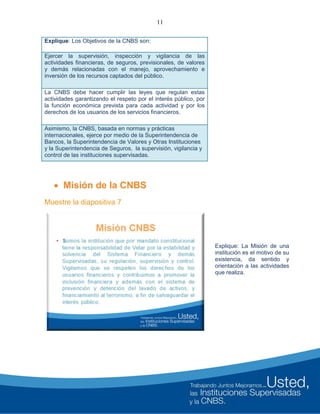 11
Explique: Los Objetivos de la CNBS son:
Ejercer la supervisión, inspección y vigilancia de las
actividades financieras, de seguros, previsionales, de valores
y demás relacionadas con el manejo, aprovechamiento e
inversión de los recursos captados del público.
La CNBS debe hacer cumplir las leyes que regulan estas
actividades garantizando el respeto por el interés público, por
la función económica prevista para cada actividad y por los
derechos de los usuarios de los servicios financieros.
Asimismo, la CNBS, basada en normas y prácticas
internacionales, ejerce por medio de la Superintendencia de
Bancos, la Superintendencia de Valores y Otras Instituciones
y la Superintendencia de Seguros, la supervisión, vigilancia y
control de las instituciones supervisadas.
 Misión de la CNBS
Muestre la diapositiva 7
Explique: La Misión de una
institución es el motivo de su
existencia, da sentido y
orientación a las actividades
que realiza.
 