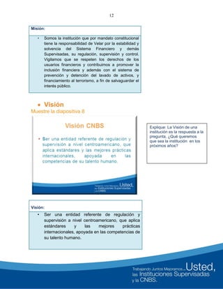 12
Misión:
• Somos la institución que por mandato constitucional
tiene la responsabilidad de Velar por la estabilidad y
solvencia del Sistema Financiero y demás
Supervisadas, su regulación, supervisión y control.
Vigilamos que se respeten los derechos de los
usuarios financieros y contribuimos a promover la
inclusión financiera y además con el sistema de
prevención y detención del lavado de activos, y
financiamiento al terrorismo, a fin de salvaguardar el
interés público.
 Visión
Muestre la diapositiva 8
Visión:
• Ser una entidad referente de regulación y
supervisión a nivel centroamericano, que aplica
estándares y las mejores prácticas
internacionales, apoyada en las competencias de
su talento humano.
Explique: La Visión de una
institución es la respuesta a la
pregunta, ¿Qué queremos
que sea la institución en los
próximos años?
 