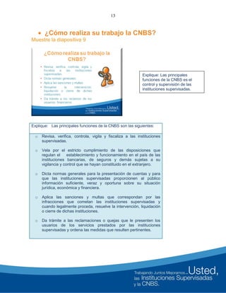 13
 ¿Cómo realiza su trabajo la CNBS?
Muestre la diapositiva 9
Explique: Las principales funciones de la CNBS son las siguientes:
o Revisa, verifica, controla, vigila y fiscaliza a las instituciones
supervisadas.
o Vela por el estricto cumplimiento de las disposiciones que
regulan el establecimiento y funcionamiento en el país de las
instituciones bancarias, de seguros y demás sujetas a su
vigilancia y control que se hayan constituido en el extranjero.
o Dicta normas generales para la presentación de cuentas y para
que las instituciones supervisadas proporcionen al público
información suficiente, veraz y oportuna sobre su situación
jurídica, económica y financiera.
o Aplica las sanciones y multas que correspondan por las
infracciones que cometan las instituciones supervisadas y
cuando legalmente proceda, resuelve la intervención, liquidación
o cierre de dichas instituciones.
o Da trámite a las reclamaciones o quejas que le presenten los
usuarios de los servicios prestados por las instituciones
supervisadas y ordena las medidas que resulten pertinentes.
Explique: Las principales
funciones de la CNBS es el
control y supervisión de las
instituciones supervisadas.
 
