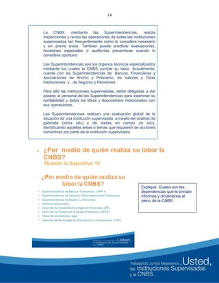 14
 ¿Por medio de quién realiza su labor la
CNBS?
Muestre la diapositiva 10
La CNBS, mediante las Superintendencias, realiza
inspecciones y revisa las operaciones de todas las instituciones
supervisadas tan frecuentemente como lo considere necesario
y sin previo aviso. También puede practicar evaluaciones,
revisiones especiales o auditorías preventivas cuando lo
considere oportuno.
Las Superintendencias son los órganos técnicos especializados
mediante los cuales la CNBS cumple su labor. Actualmente,
cuenta con las Superintendencias de: Bancos, Financieras y
Asociaciones de Ahorro y Préstamo; de Valores y Otras
Instituciones; y, de Seguros y Pensiones.
Para ello las instituciones supervisadas, están obligadas a dar
acceso al personal de las Superintendencias para examinar su
contabilidad y todos los libros y documentos relacionados con
sus operaciones.
Las Superintendencias realizan una evaluación global de la
situación de una institución supervisada, a través del análisis de
gabinete (extra situ) y de visitas en campo (in situ),
identificando aquellas áreas o temas que requieren de acciones
correctivas por parte de la institución supervisada.
Explique: Cuales son las
dependencias que le brindan
informes y dictámenes al
pleno de la CNBS.
 