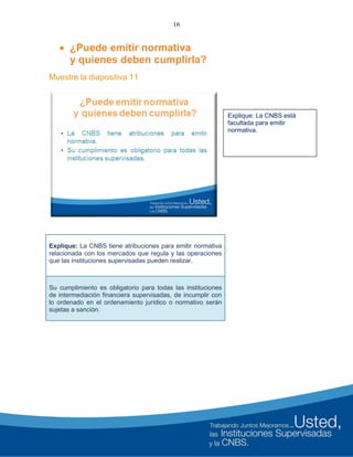 16
 ¿Puede emitir normativa
y quienes deben cumplirla?
Muestre la diapositiva 11
Explique: La CNBS tiene atribuciones para emitir normativa
relacionada con los mercados que regula y las operaciones
que las instituciones supervisadas pueden realizar.
Su cumplimiento es obligatorio para todas las instituciones
de intermediación financiera supervisadas, de incumplir con
lo ordenado en el ordenamiento jurídico o normativo serán
sujetas a sanción.
Explique: La CNBS está
facultada para emitir
normativa.
 