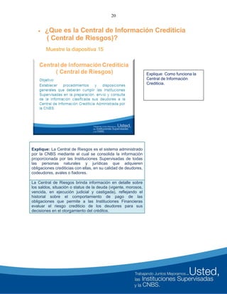 20
 ¿Que es la Central de Información Crediticia
( Central de Riesgos)?
Muestre la diapositiva 15
Explique: La Central de Riesgos es el sistema administrado
por la CNBS mediante el cual se consolida la información
proporcionada por las Instituciones Supervisadas de todas
las personas naturales y jurídicas que adquieren
obligaciones crediticias con ellas, en su calidad de deudores,
codeudores, avales o fiadores.
La Central de Riesgos brinda información en detalle sobre
los saldos, situación o status de la deuda (vigente, morosos,
vencida, en ejecución judicial y castigada), reflejando el
historial sobre el comportamiento de pago de las
obligaciones que permite a las Instituciones Financieras
evaluar el riesgo crediticio de los deudores para sus
decisiones en el otorgamiento del créditos.
Explique: Como funciona la
Central de Información
Crediticia.
 