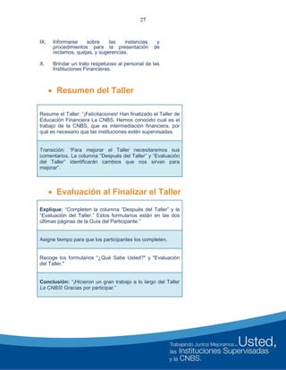 27
IX. Informarse sobre las instancias y
procedimientos para la presentación de
reclamos, quejas, y sugerencias.
X. Brindar un trato respetuoso al personal de las
Instituciones Financieras.
 Resumen del Taller
Resume el Taller: “¡Felicitaciones! Han finalizado el Taller de
Educación Financiera La CNBS. Hemos conocido cual es el
trabajo de la CNBS, que es intermediación financiera, por
qué es necesario que las instituciones estén supervisadas.
Transición: “Para mejorar el Taller necesitaremos sus
comentarios. La columna “Después del Taller” y “Evaluación
del Taller” identificarán cambios que nos sirvan para
mejorar”.
 Evaluación al Finalizar el Taller
Explique: “Completen la columna “Después del Taller” y la
“Evaluación del Taller.” Estos formularios están en las dos
últimas páginas de la Guía del Participante.”
Asigne tiempo para que los participantes los completen.
Recoge los formularios "¿Qué Sabe Usted?" y "Evaluación
del Taller."
Conclusión: “¡Hicieron un gran trabajo a lo largo del Taller
La CNBS! Gracias por participar.”
 