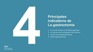Principales
indications de
La gastrectomie
1. En cas de tumeurs ou d’ulcères gastrique
2. En fonction de la localisation de la tumeur
3. En cas de chirurgie bariatrique
4. Hémorragie gastrique
2023
Sebiha AYDOGAN
Léa DI LIBERATORE
 