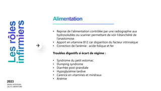 2023
Sebiha AYDOGAN
Léa DI LIBERATORE
• Reprise de l’alimentation contrôlée par une radiographie aux
hydrosolubles ou scanner permettant de voir l’étanchéité de
l’anastomose.
• Apport en vitamine B12 car disparition du facteur intrinsèque
• Correction de l’anémie : acide folique et fer
Troubles digestifs si écart de régime :
• Syndrome du petit estomac
• Dumping syndrome
• Diarrhée post-prandiale
• Hypoglycémie tardive
• Carence en vitamines et minéraux
• Anémie
 