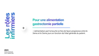 2023
Sebiha AYDOGAN
Léa DI LIBERATORE
- L’alimentation part la bouche se fera de façon progressive entre le
3ieme et le 5ieme jours en fonction de l’état générale du patient.
 